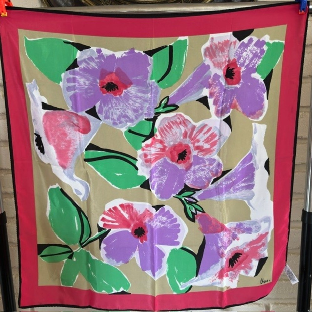 Vera Neumann‎ Polyester Scarf 70s Pink Purple Green Oversized Floral Hand Rolled